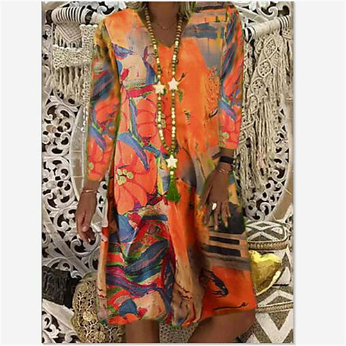 

wish amazon hot sale 2020 autumn and winter europe and america loose long-sleeved v-neck printed mid-skirt dress women