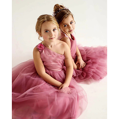 

Princess / A-Line Floor Length Wedding / Party Flower Girl Dresses - Tulle Sleeveless One Shoulder with Tier