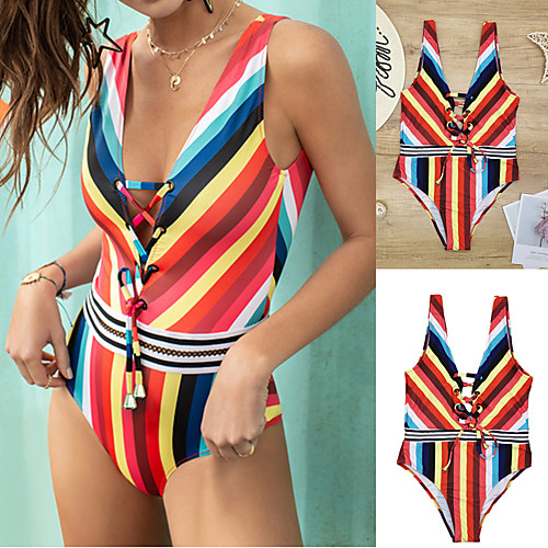 

Women's One Piece Swimsuit Swimwear Bodysuit Breathable Quick Dry Sleeveless Swimming Surfing Water Sports Stripes Summer