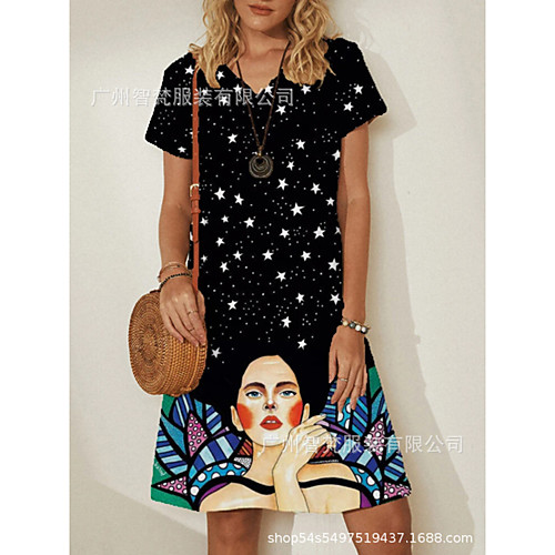

2021 cross-border european and american fashion new urban casual v-neck short-sleeved a-line landscape print dress female