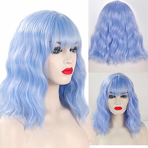 

light blue wavy wig with air bangs women's short bob pastel blue wig curly wavy shoulder length pastel bob synthetic cosplay wig for girl colorful costume wigs (14, ice blue)