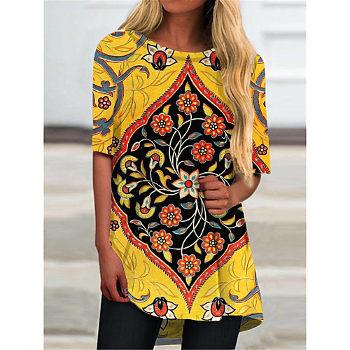

Women's T Shirt Dress Tee Dress Short Mini Dress Yellow Half Sleeve Floral Color Block Print Spring Summer Round Neck Casual 2021 S M L XL XXL 3XL