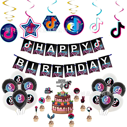 

tik tok birthday party decorations,tik tok party supplies - tik tok happy birthday cake topper and tik tok birthday banner for girl's music karaoke themed party supplies