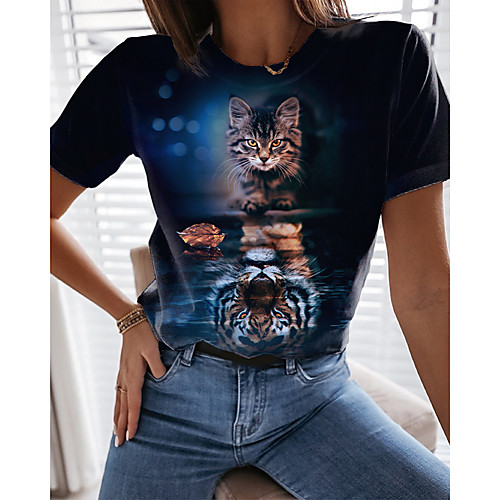 

Women's T shirt Cat Graphic 3D Print Round Neck Tops Basic Basic Top Black
