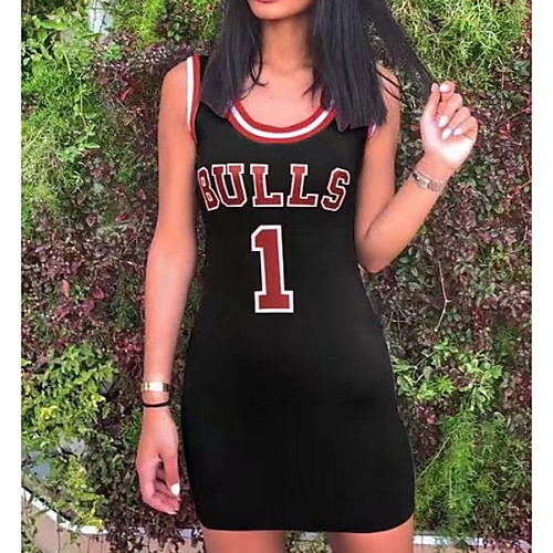 

Women's Sports Dress Short Mini Dress White Black Red Army Green Sleeveless Letter Print Summer Round Neck Sexy Cotton 2021 S M