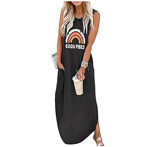 

good vibes rainbow graphics dress womens sleeveless pocket maxi dress summer hawaiian beach tank dress plain shirt dress (dark grey, medium)