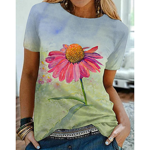

Women's T shirt Floral Graphic Print Round Neck Tops Basic Basic Top Green