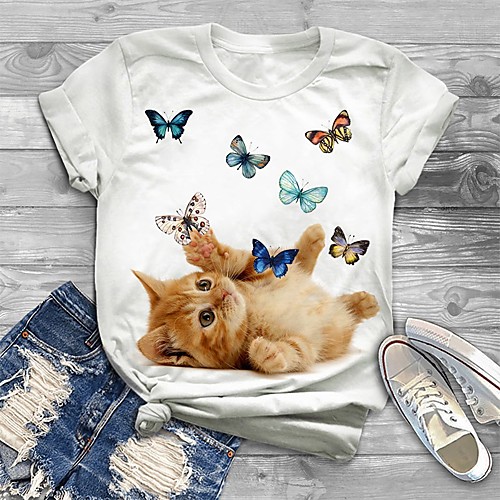 

Women's Plus Size Print Cat Graphic Animal T shirt Large Size Crewneck Short Sleeve Basic Tops XL XXL 3XL White Big Size