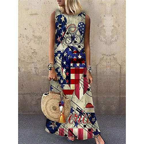 

Women's Shift Dress Maxi long Dress Red Sleeveless Flag Letter Print Spring Summer Round Neck Casual 2021 S M L XL XXL 3XL