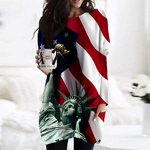 

Women's Shift Dress Short Mini Dress Red Long Sleeve Color Block Flag Print Fall Spring Round Neck Casual 3D Print S M L XL XXL 3XL