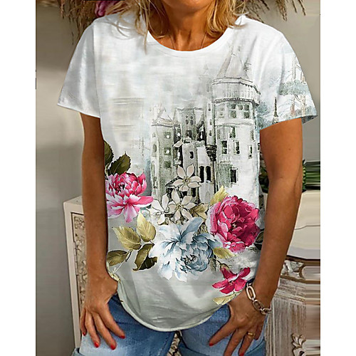 

Women's T shirt Floral Graphic Print Round Neck Tops Basic Basic Top White