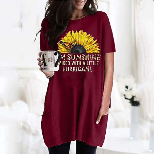 

Women's T shirt Dress Graphic Flower Round Neck Tops Basic Basic Top Black Wine Army Green