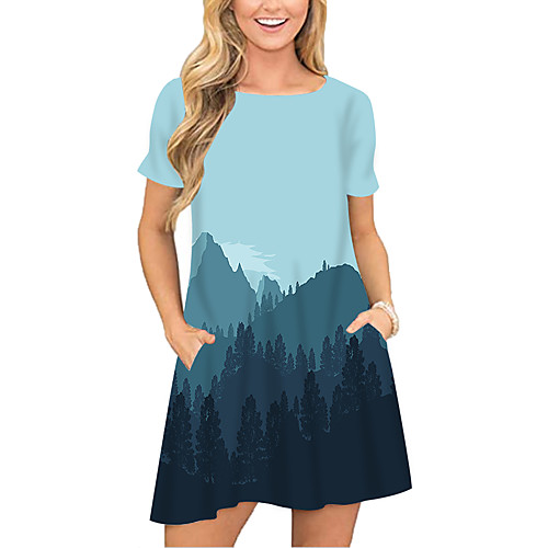 

Women's T Shirt Dress Tee Dress Short Mini Dress Blue Short Sleeve Print Color Block Pocket Print Spring Summer Round Neck Casual 2021 S M L XL XXL 3XL