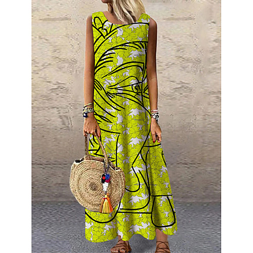 

Women's Shift Dress Maxi long Dress Yellow Sleeveless Print Color Block Print Spring Summer Round Neck Casual 2021 S M L XL XXL 3XL