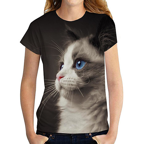 

Women's T shirt Cat 3D Animal Print Round Neck Tops Basic Basic Top Black