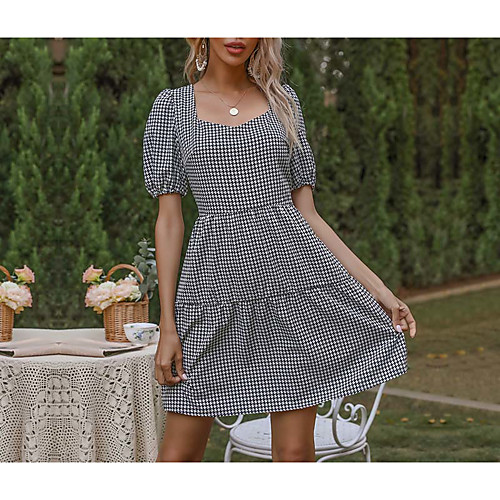 

Women's A Line Dress Short Mini Dress Black Short Sleeve Houndstooth Summer Square Neck Sexy 2021 S M L XL