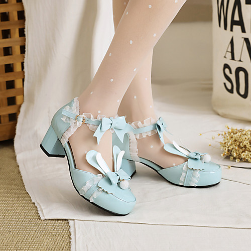 

Women's Sandals Chunky Heel Round Toe PU Bowknot Buckle Lace Color Block Purple Blue Pink