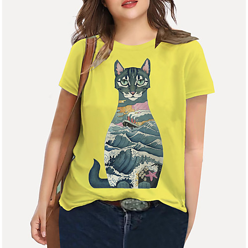 

Women's Plus Size Print Cat Graphic Animal T shirt Large Size Crewneck Short Sleeve Basic Tops XL XXL 3XL Yellow Big Size