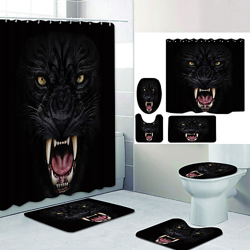 

Fangs Black Dog Digital Printing Four-piece Set Shower Curtains and Hooks Modern Polyester Machine Made Waterproof Bathroom