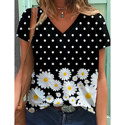 

Women's T shirt Floral Polka Dot Graphic Print V Neck Tops Basic Basic Top Black