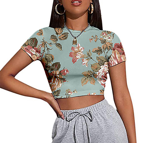 

Women's Crop Tshirt Floral Graphic Print Round Neck Tops Basic Basic Top White Blue Red