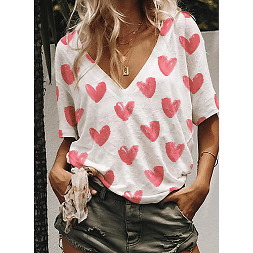 

Women's T shirt Heart Print V Neck Tops Cotton Basic Basic Top White