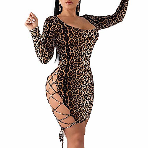 

hirigin women sexy lace up sequins leopard bodycon dress cocktail evening party club mini dress long sleeve (xl, leopard)