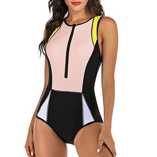 

Women's One Piece Monokini Swimsuit Tummy Control Zipper Color Block Blushing Pink Swimwear Bodysuit Scoop Neck Bathing Suits New Casual Sports