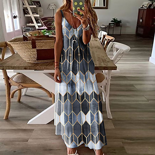 

Women's Swing Dress Maxi long Dress Blue Purple Yellow Blushing Pink Wine Green Gray Light Blue Sleeveless Geometric Print Summer Casual 2021 S M L XL XXL 3XL 4XL 5XL