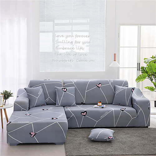 

Grey Stripes Print Dustproof All-powerful Slipcovers Stretch L Shape Sofa Cover Super Soft Fabric Couch Cover Sofa Furniture Protector With One Free Boster Case