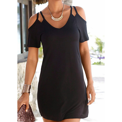 

Women's Shift Dress Short Mini Dress Black Short Sleeve Solid Color Summer V Neck Elegant Cotton 2021 S M L XL XXL