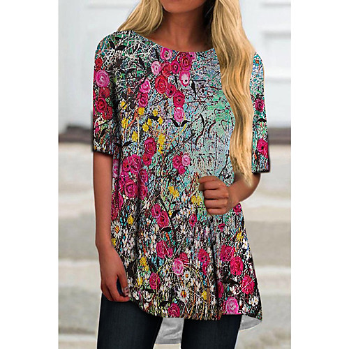 

Women's T Shirt Dress Tee Dress Short Mini Dress Blushing Pink Half Sleeve Floral Print Print Spring Summer Round Neck Casual 2021 S M L XL XXL 3XL