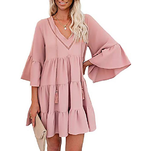 

gosopin women tunic dress v neck ruffle swing shift dresses small solid pink