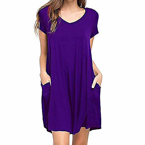 

shakumy women casual plain simple loose t shirts dress summer short sleeve tunic tops dress pockets v neck swing dress