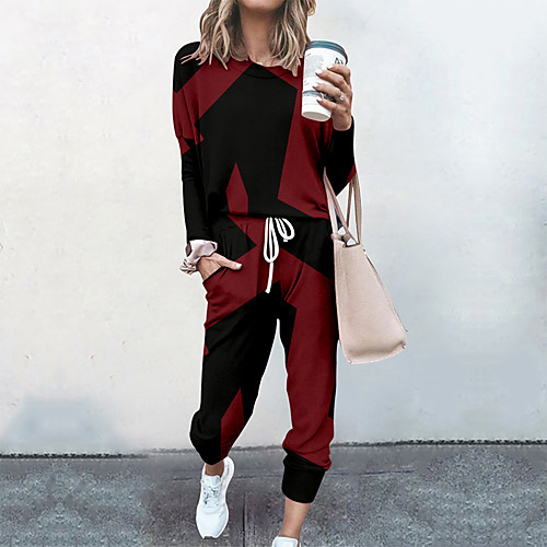

Women's Streetwear Cinched Color Block Going out Casual / Daily Two Piece Set Sweatshirt Tracksuit Pant Loungewear Drawstring Print Tops