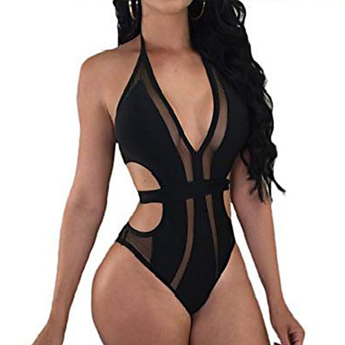 

women sexy one piece swimsuit mesh splice bathing suit halter deep v neck backless monokini (black, l)