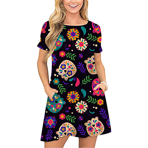 

Women's T Shirt Dress Tee Dress Short Mini Dress Black Short Sleeve Floral Print Pocket Print Spring Summer Round Neck Casual 2021 S M L XL XXL 3XL