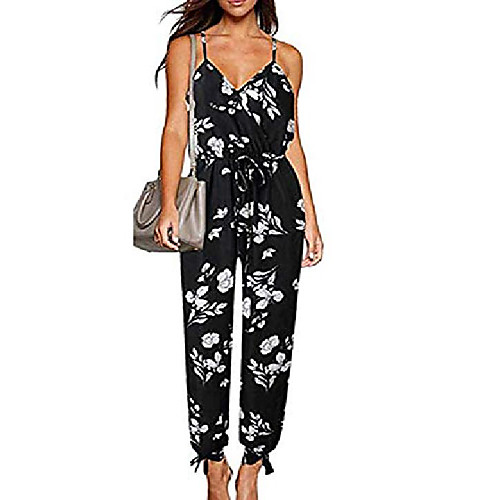 

women sleeveless v- neck spaghetti strap floral print romper split beam foot pants jumpsuits (xl, black)