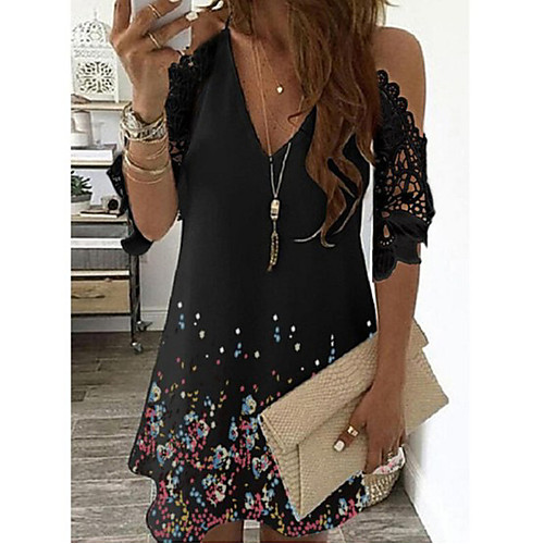 

2021 summer new european and american women's lace stitching digital printing wish amazon v-neck women's dress