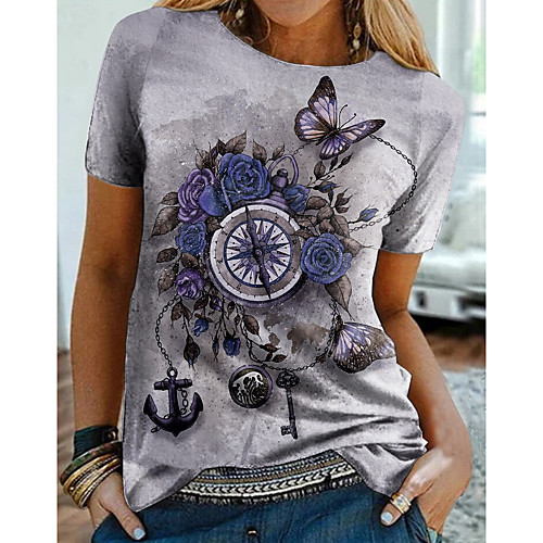 

Women's T shirt Floral Graphic Print Round Neck Tops Basic Basic Top Purple Red