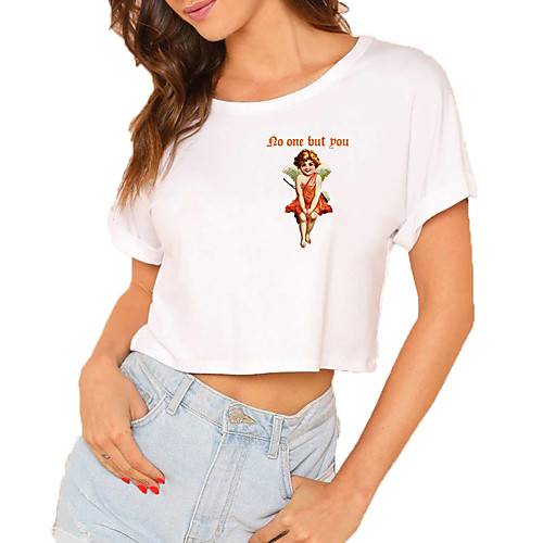 

Women's Crop Tshirt Angel Letter Print Round Neck Tops 100% Cotton Basic Basic Top White Black