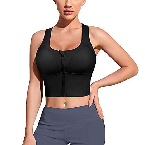 

women zip front sports bras longline fitness crop tops tank gym yoga workout shirts (black, 3x-large)