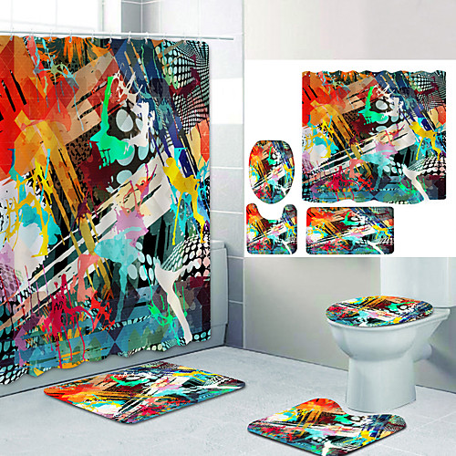 

Color Graffiti Digital Printing Four-piece Set Shower Curtains and Hooks Modern Polyester Machine Made Waterproof Bathroom