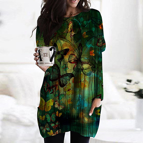 

Women's Shift Dress Short Mini Dress Green Long Sleeve Print Animal Print Fall Spring Round Neck Casual 2021 S M L XL XXL 3XL