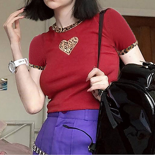 

Women's Tee / T-shirt Crew Neck Cotton Heart Leopard Sport Athleisure T Shirt Top Short Sleeves Breathable Soft Comfortable Everyday Use Casual Daily Outdoor Exercising / Summer