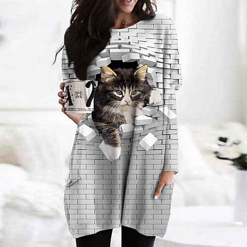 

Women's Shift Dress Short Mini Dress White Long Sleeve Cat Animal Print Fall Spring Round Neck Casual 3D Print S M L XL XXL 3XL