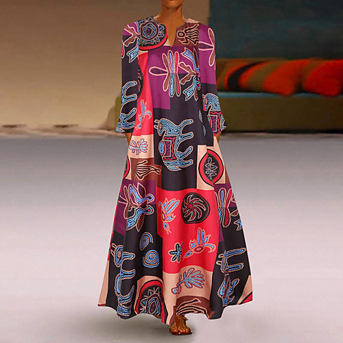 

Women's Swing Dress Maxi long Dress Red Orange Long Sleeve Color Block Spring Summer Boho 2021 S M L XL XXL 3XL 4XL 5XL