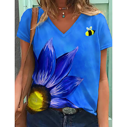 

Women's T shirt Floral Graphic Print V Neck Tops Basic Basic Top Blue