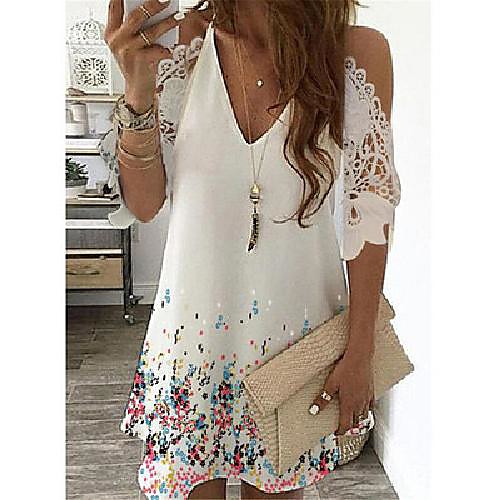 

Women's Loose Short Mini Dress Short Sleeve Print Cold Shoulder Summer V Neck Casual 2021 S M L XL XXL 3XL 4XL 5XL