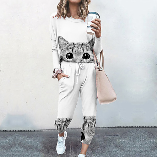 

Women's Streetwear Cinched Cat Going out Casual / Daily Two Piece Set Sweatshirt Tracksuit Pant Loungewear Drawstring Print Tops